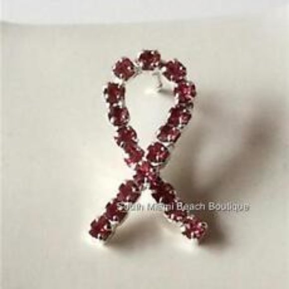 Crystal Pink Ribbon Lapel Pin Hat Tie Tac Breast Cancer Awareness Silver Plated - Picture 3 of 7